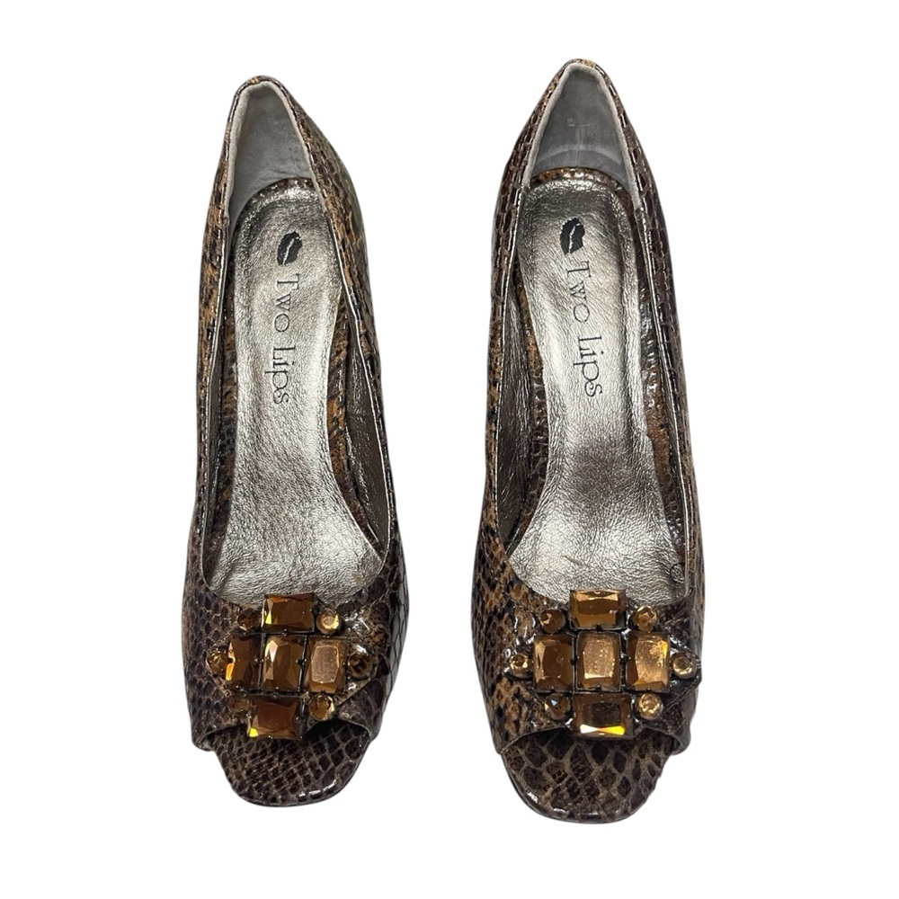 TWO LIPS Vintage Snakeskin Peep Toe Pumps Rhinestone Embellishment, Size 9M